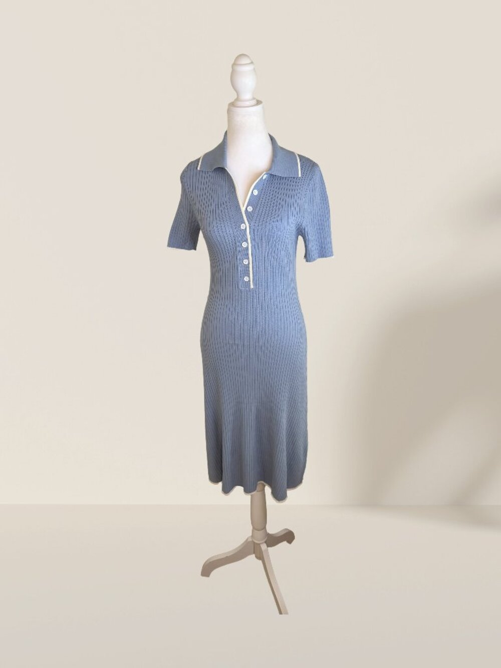 MEROKEETY Baby Blue Ribbed Knit Polo Sweater Dress S NWT Collared Midi